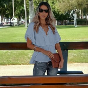 New! SKY blue lace splicing  v-neck & short  sleeves